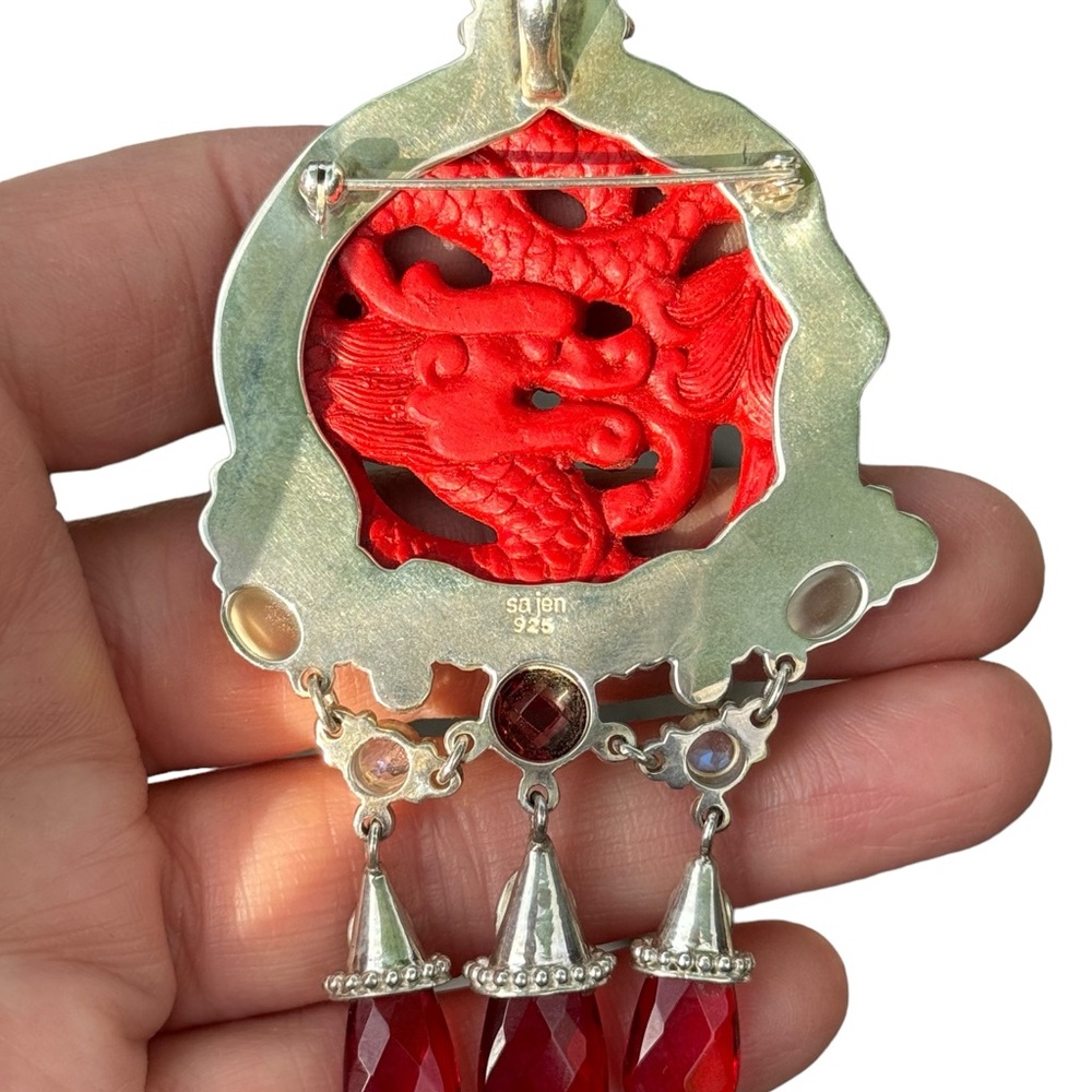 RARE Sajen 925 Sterling silver brooch pendant Garnet cinnabar moonstone - Picture 7 of 8